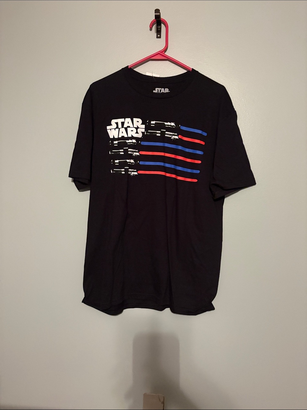 Men’s Star Wars Black Tee with White Logo and Red & Blue Stripes NWT